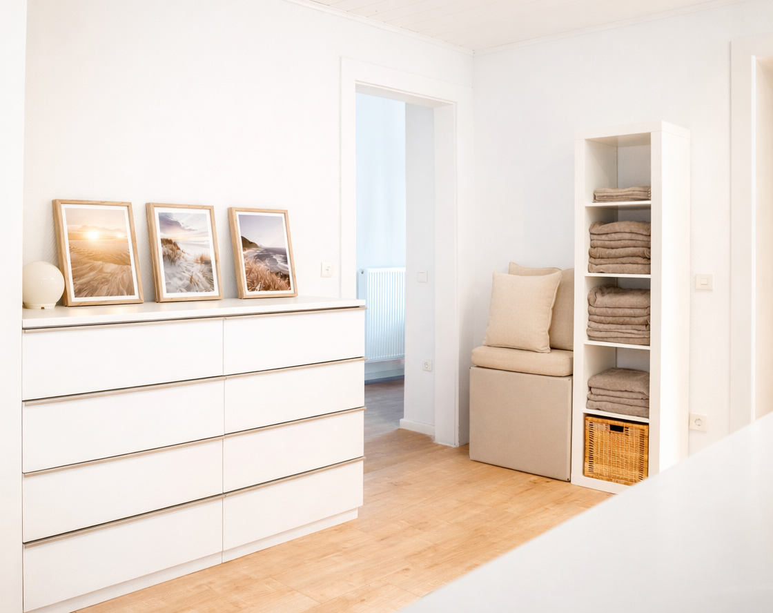 Heller Raum mit Kommode, Bildern an der Wand und Regalsystem für Handtücher.