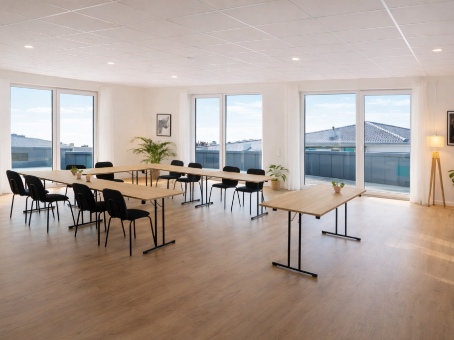 Helle Konferenzraum mit Tischen, Stühlen und großen Fenstern mit Ausblick.