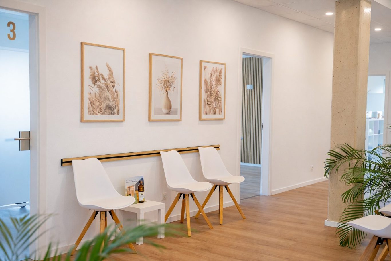 Heller Wartebereich mit modernen Stühlen, Pflanzen und drei gerahmten Bildern an der Wand.