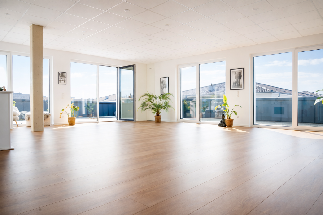 Heller, geräumiger Raum mit großen Fenstern und Pflanzen, modernem Holzfußboden.