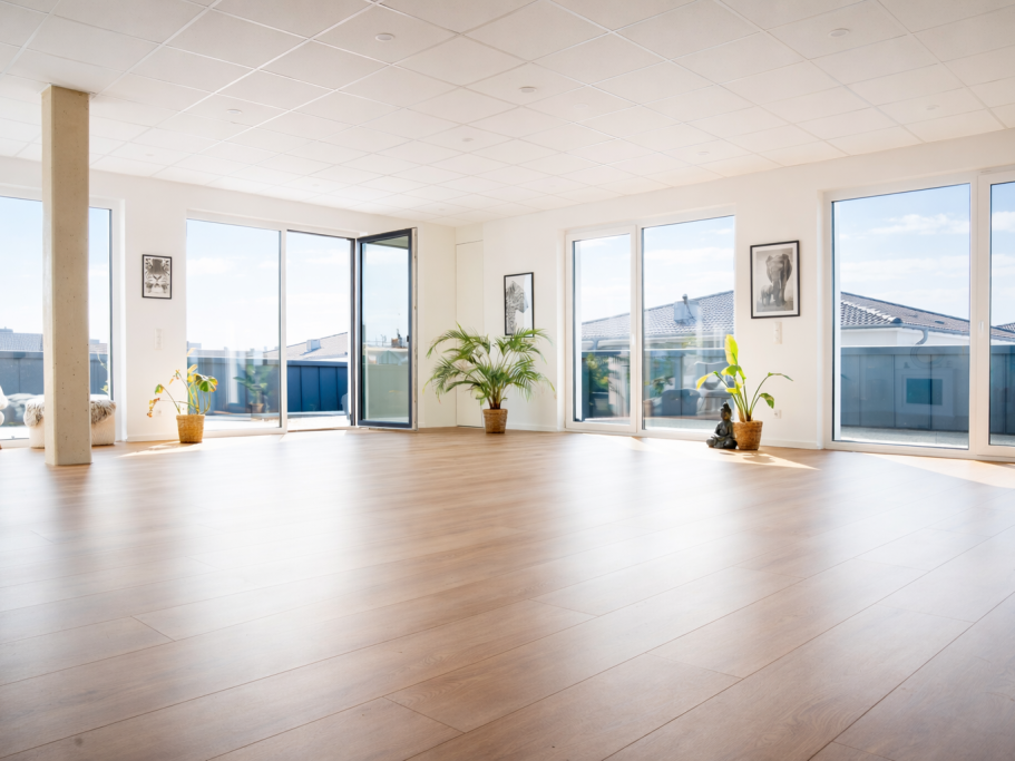 Helle, moderne Wohnung mit großen Fenstern und Pflanzen im Raum.